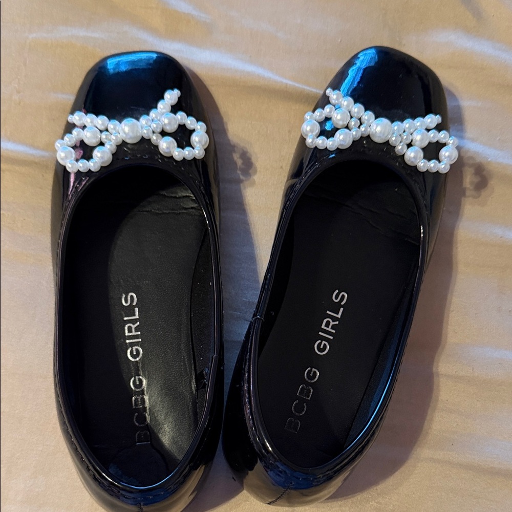 BCBGirls Black Patent Flats with Pearl Bow